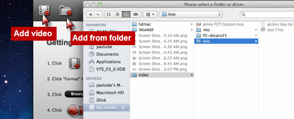 In the main interface, click “Add video” or “Add from Folder” icon to load individual .tivo files or to load a folder that contains your TiVo recordings.
